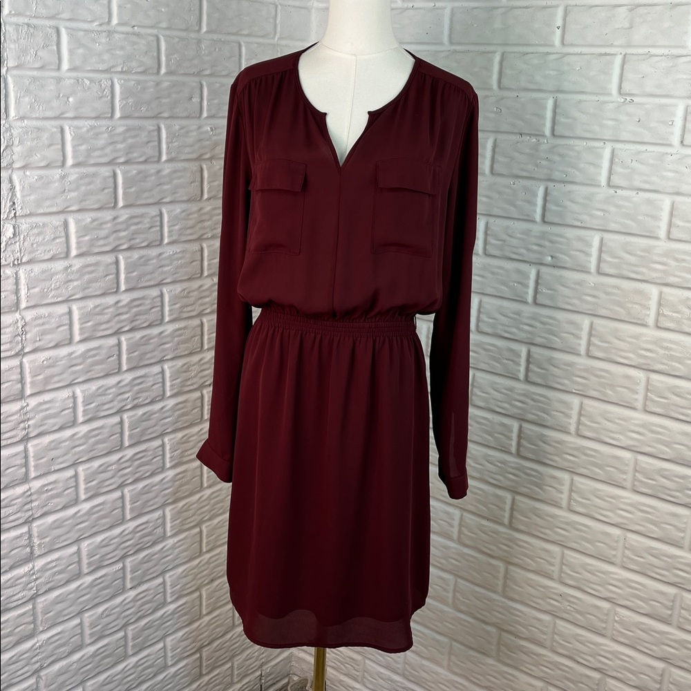 MOSSIMO DRESS BURGUNDY FLOWY ROLL UP SLEEVES ELASTIC WAIST LINED SZ LG